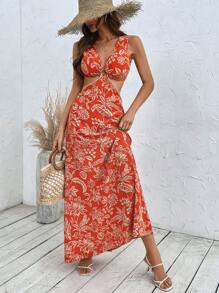 Breezaya Váy ba lỗ in họa tiết cây cỏ dành cho nữ - Màu Cam cháy - Xem 1