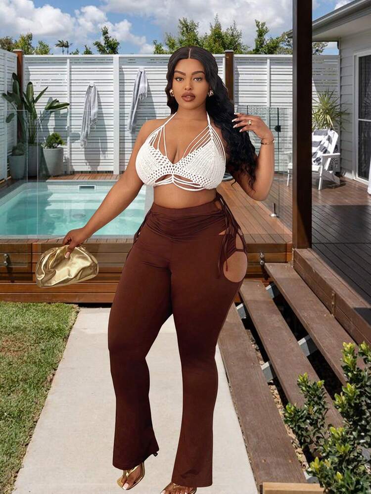 Plus Size Solid Color Halter Neck Tie Back Hollow Out Knitted Top