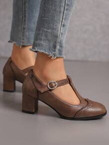 Zapatos De Tacón Cuadrado De Pu, Estilo Vintage Mary Jane En Marrón, Para Primavera Y Otoño De Mujeres - Óxido marrón - Ver 3