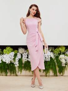 MOTF PREMIUM CONTRAST BEADED RAGLAN SLEEVE BOW WAIST WRAP HEM DRESS,HOLIDAY PARTY BIRTHDAY FORMAL EVENING OCCASSION - Pink - View 6