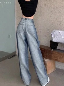 Contrast Color Ripped Loose Wide-Leg Jeans