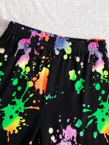 SHEIN Conjunto De Shorts De Malha Com Estampa De Coração E Estampa De Coração Para Meninas, Todos Os Dias, Verão