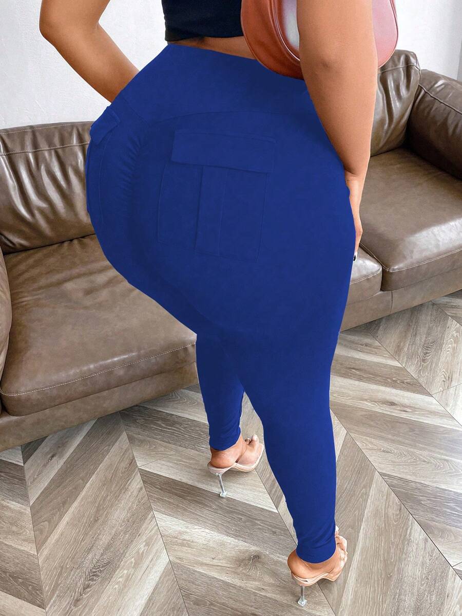 Maweii 大尺碼女士多摺褶口袋緊身褲 - 寶藍色 - 查看 1