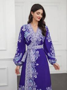 Seusyu Vestido Cruzado De Mujer Con Mangas De Linterna Y Estampado De Cachemira - Multicolor - Ver 2