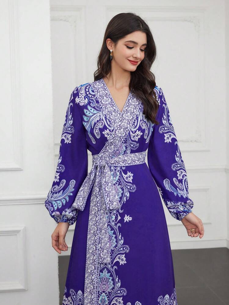 Women's Wrap Dress With Lantern Sleeves And Paisley Print Fall Cloth For Women