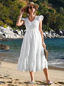 SHEIN Tropical Vacation V-Neck Ruffle Trim Sleeve Maternity Midi Dress - White - View 1