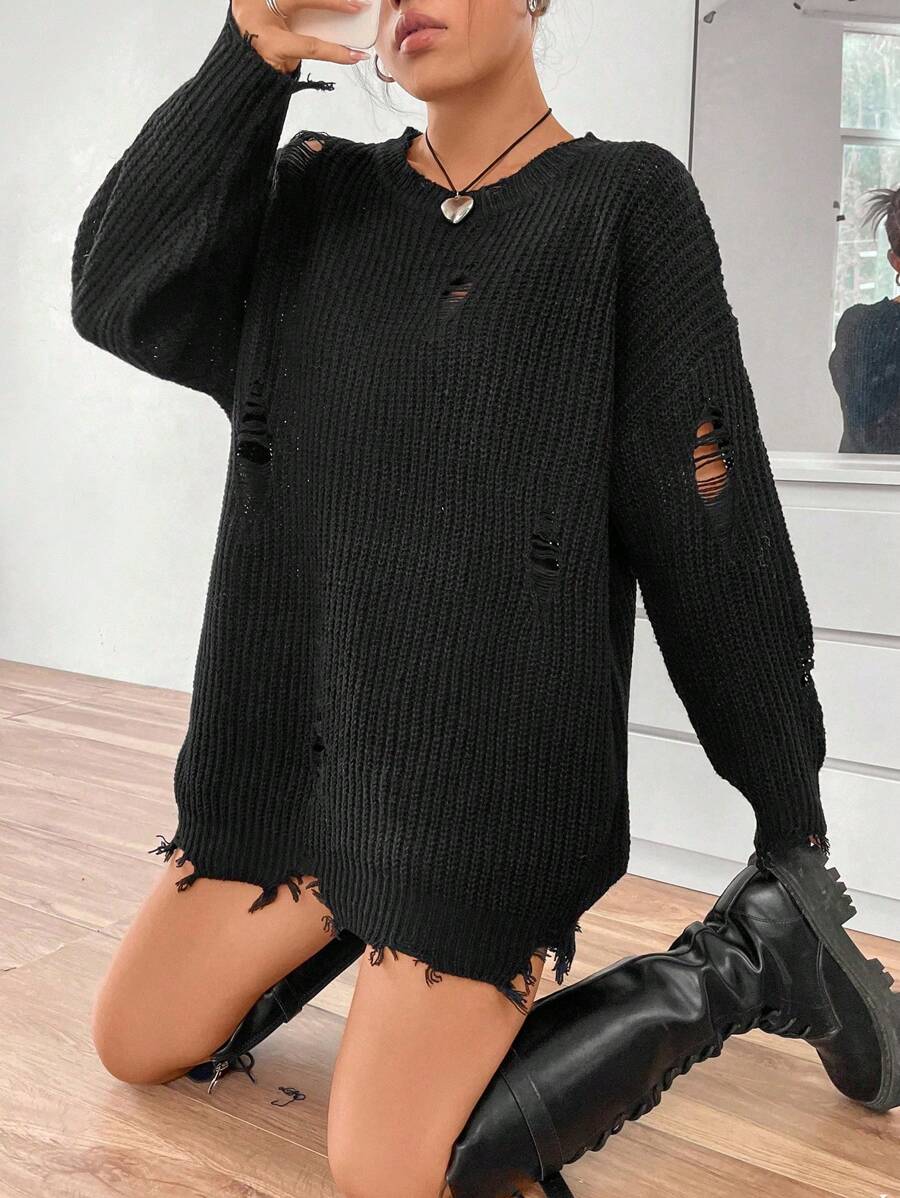 SHEIN Unity Suéter desgastado con hombros caídos, Blusas de manga larga