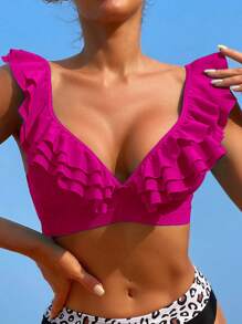 Swim Vcay Women's Solid Color Splice Ruffle Trim Bikini Top, Beach Bathing Suit Summer Beach Tops - Hot Pink - View 5