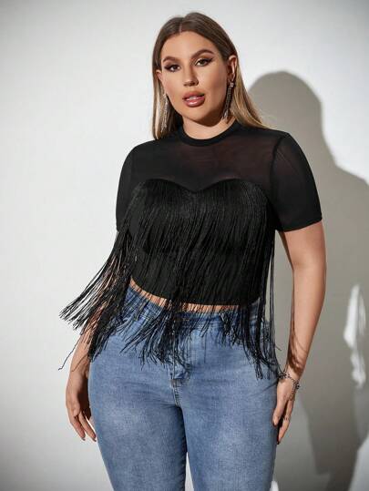 SHEIN Privé Blusa negra de talla grande con volantes, elegante y transparente, adecuada para viajar, vacaciones, festivales de música country, conciertos y actividades al aire libre