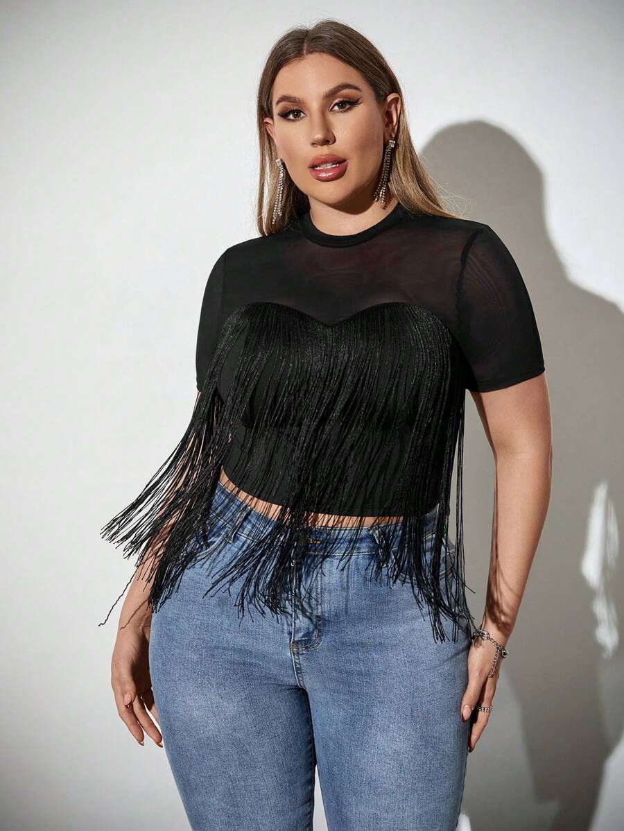 SHEIN Privé Top Preta Elegante de Verão Tamanho Plus Size com Recorte com Franjas Transparente, Adequada para Viagem, Férias, Festival de Música Country, Concertos, Atividades ao Ar Livre - Preto - Visão 1