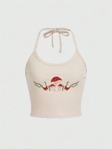 ROMWE Fairycore 蘑菇圖案掛脖上衣 - 杏色 - 查看 1