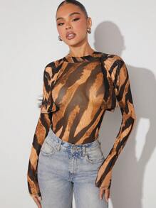 Hauture Animal Print Mock Neck Draped Bodysuit - Multicolor - View 4