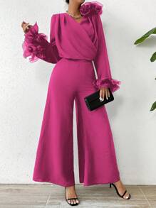 Chiquease 2pcs/Set Top And Wide Leg Pants With 3d Floral Decoration
