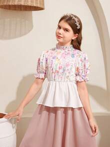 SHEIN Áo sơ mi ngắn tay kiểu dáng thường ngày cho bé gái tuổi teen, họa tiết hoa, viền bèo nhún và cổ đứng, thích hợp cho mùa xuân và mùa hè. - trắng - Xem 6