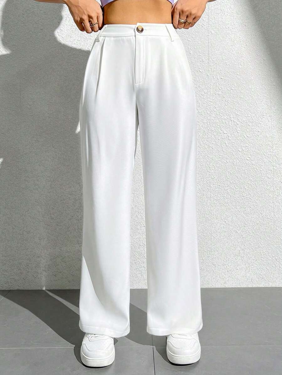 SHEIN PETITE 女士纯色工作服阔腿裤 - 白色 - 查看 1
