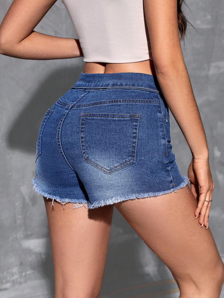 Washed Denim Shorts With Folded Waist And Frayed Hem