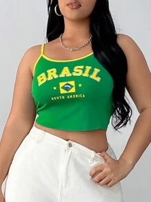 SHEIN CURVE+ Women's St Patrick Green Spring Break Plus Size Brazil Flag & Letter Pattern Cami Top - Multicolor - View 4