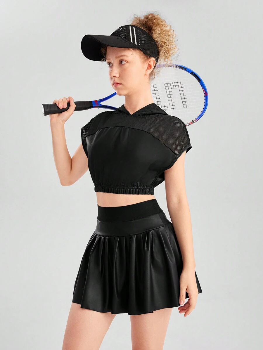 SHEIN Teen Girl Glitter Patchwork Hooded Top And Skirt Sportswear Set