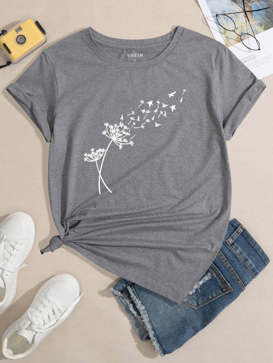 INAWLY Áo thun nữ cổ tròn tay ngắn in hình hoa bồ công anh - Xám - Xem 1