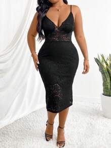 Elenzga Plus Size Women's Lace Patchwork Spaghetti Strap Dress - Black - View 4