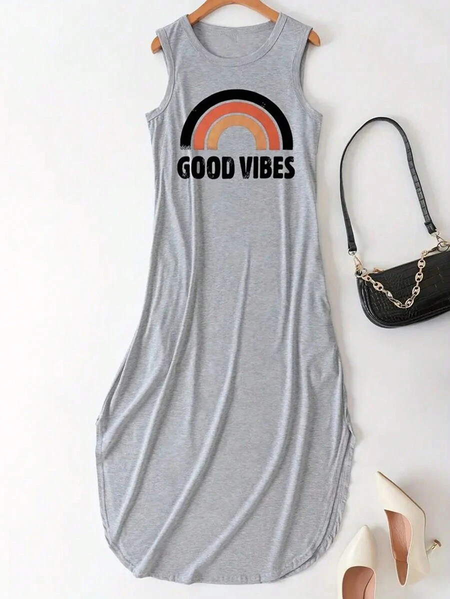 INAWLY Solva Quý cô Lá thư In Vòng cổ Váy không tay - Xám - Xem 1