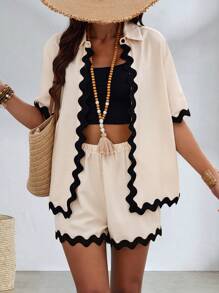 SHEIN LUNE Ladies' Patchwork Wave Woven Belt Short Sleeve Open Front Top And Shorts Set - Apricot - View 1