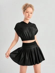 SHEIN Teen Girl Glitter Patchwork Hooded Top And Skirt Sportswear Set