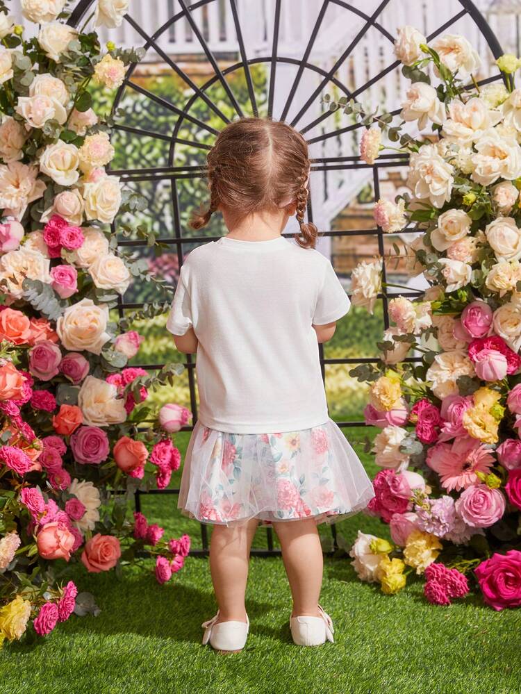 Baby Girl's Elegant Floral Print Short Sleeve Top With Mesh Splicing Flare Skirt