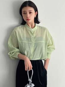 FRIFUL Women's Stand Collar Drop Shoulder Long Sleeve Shirt Sheer