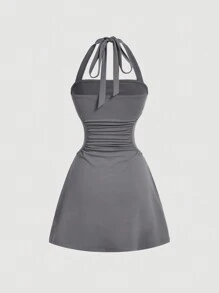 SHEIN MOD 女士灰色露背收腰A字迷你连衣裙，夏季女装 - 灰色 - 查看 2