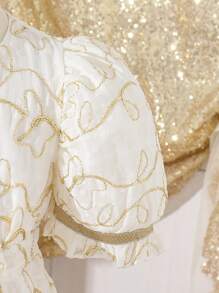 SHEIN Young Girl's Elegant And Gorgeous Embroidery And Weaving Stripes Splicing Puff Sleeve Dress