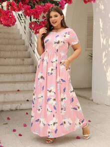 Nemidor Plus Size Floral Print Round Neck Empire Waist Midi Dress - Pink - View 6