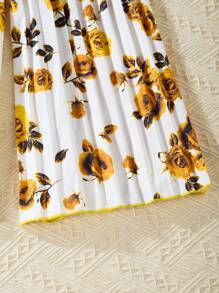 Tween Girl 2pcs/Set Solid Color Round Neck Top And Flower Printed Pants - Yellow - View 3