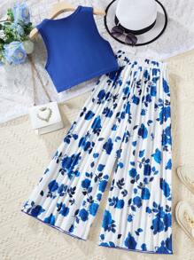 Tween Girl Solid Color Top And Floral Printed Pleated Wide Leg Pants Set - Royal Blue - View 2