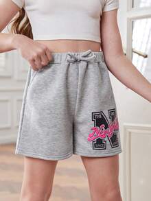 SHEIN Quần short dệt kim trơn rộng rãi cho bé gái tuổi mới lớn có thiết kế chữ - Xám - Xem 4