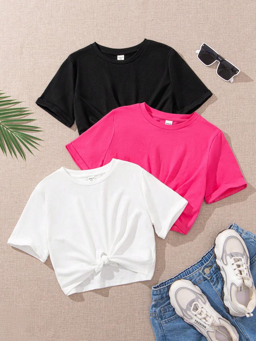 SHEIN 青少女3入組針織純色圓領扭結下擺短款休閒T恤 - 彩色 - 查看 1