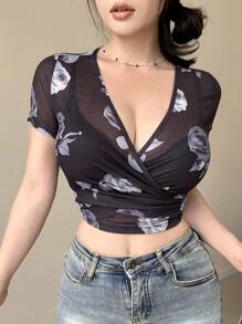 Dazy Designer Của phụ nữ Hoa In Bọc Phong cách Eo dây rút Thiết kế Thon gọn Áo - màu đen - Xem 3