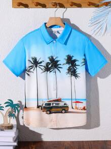 SHEIN 少年男孩椰樹與海灘假期印花翻領短袖織襯衫 - 彩色 - 查看 6