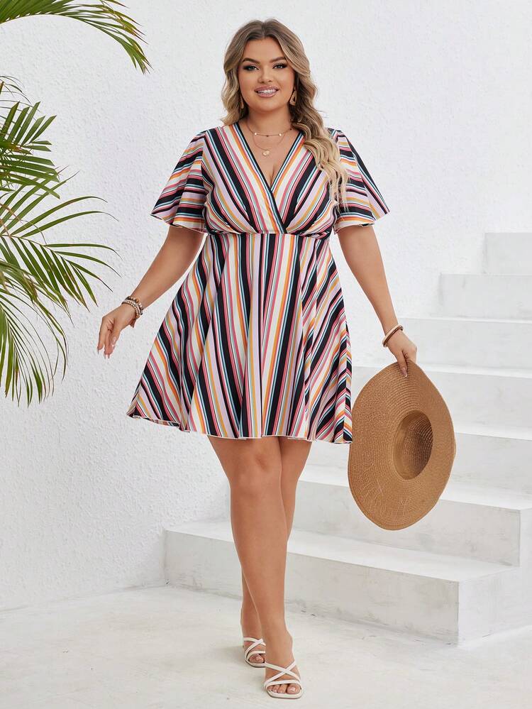 Plus Size Women's Striped Ruffle Sleeve Vacation Dress