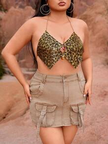 SHEIN SXY Plus Size Women's Rave Party Music Festival  Sexy Hot Girl Nightclub Charming  Leopard Print Asymmetrical Hem Halter Neck Tank Top - Gold - View 8