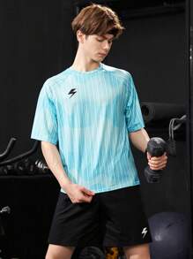 SHEIN Teen Boy Leisure Geometric Number Pattern Printed Lightning Logo Sports Short Sleeve T-Shirt With Sports Loose Shorts Suit, Summer, Sports, Running, Gym - Multicolor - View 1