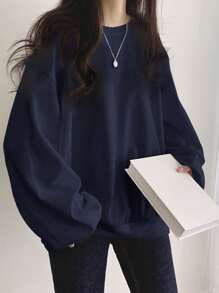 DAZY Solid Color Round Neck Drop Shoulder Casual Sweatshirt,Long Sleeve Tops,Fall Clothes
