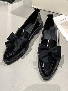 Teen Girls' Slip-On Flat Shoes With Bowknot & Shiny Surface, Pointed Toe - Black - View 3