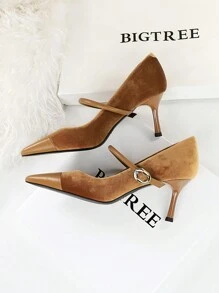 韩式女士派对高跟鞋，细跟绒面低帮尖头鞋，带踝带 - 駝色 - 查看 2