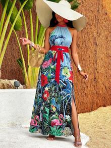 Women's Halter Neck Tie Waist Tropical Plant Print Dress With Slit - Blue - View 5