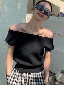 DAZY Ladies' Solid Color Off-Shoulder Short-Sleeved Knitted Top - Black - View 1