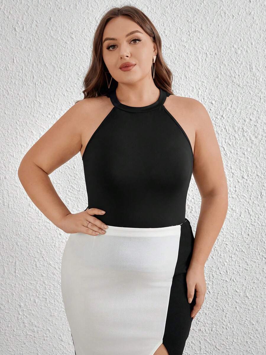 SHEIN Privé Áo ba lỗ cổ không tay có ren phối ren dành cho nữ cỡ lớn - màu đen - Xem 1