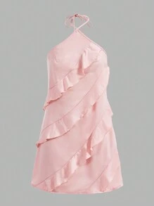 SHEIN Unity Women's Solid Color Ruffle Hem Backless Halterneck Dress - Pink - View 1