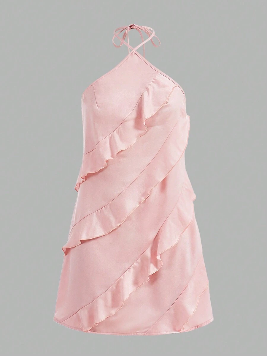 SHEIN Unity Women's Solid Color Ruffle Hem Backless Halterneck Dress - Pink - View 1