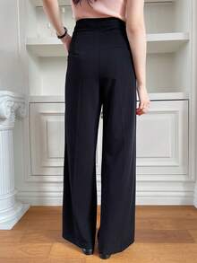 DAZY Solid Color Straight Leg Pants Pockets Women's Suit Pants - Black - View 2